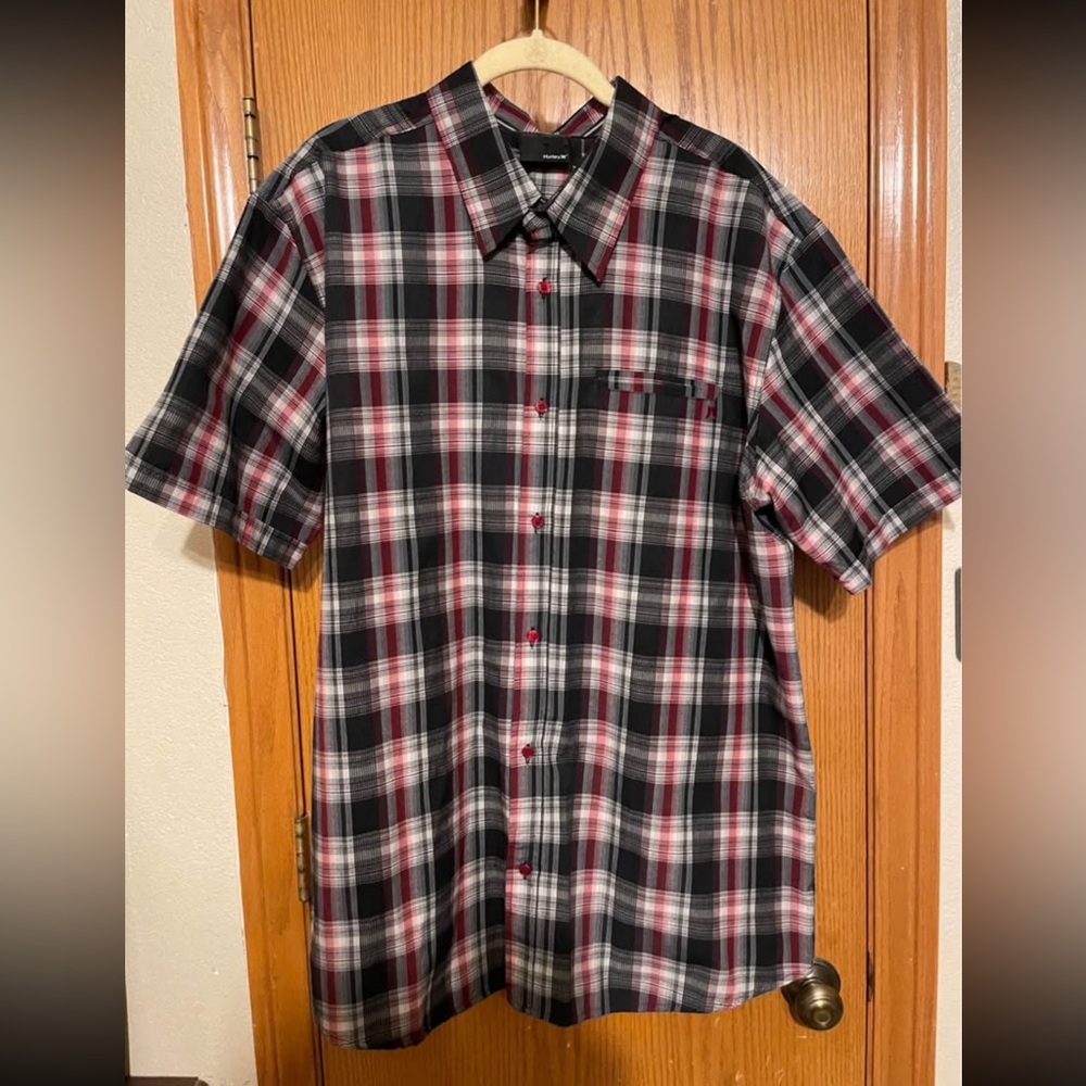 Hurley Men's Plaid Button Down Shirt - Black, Red, and White